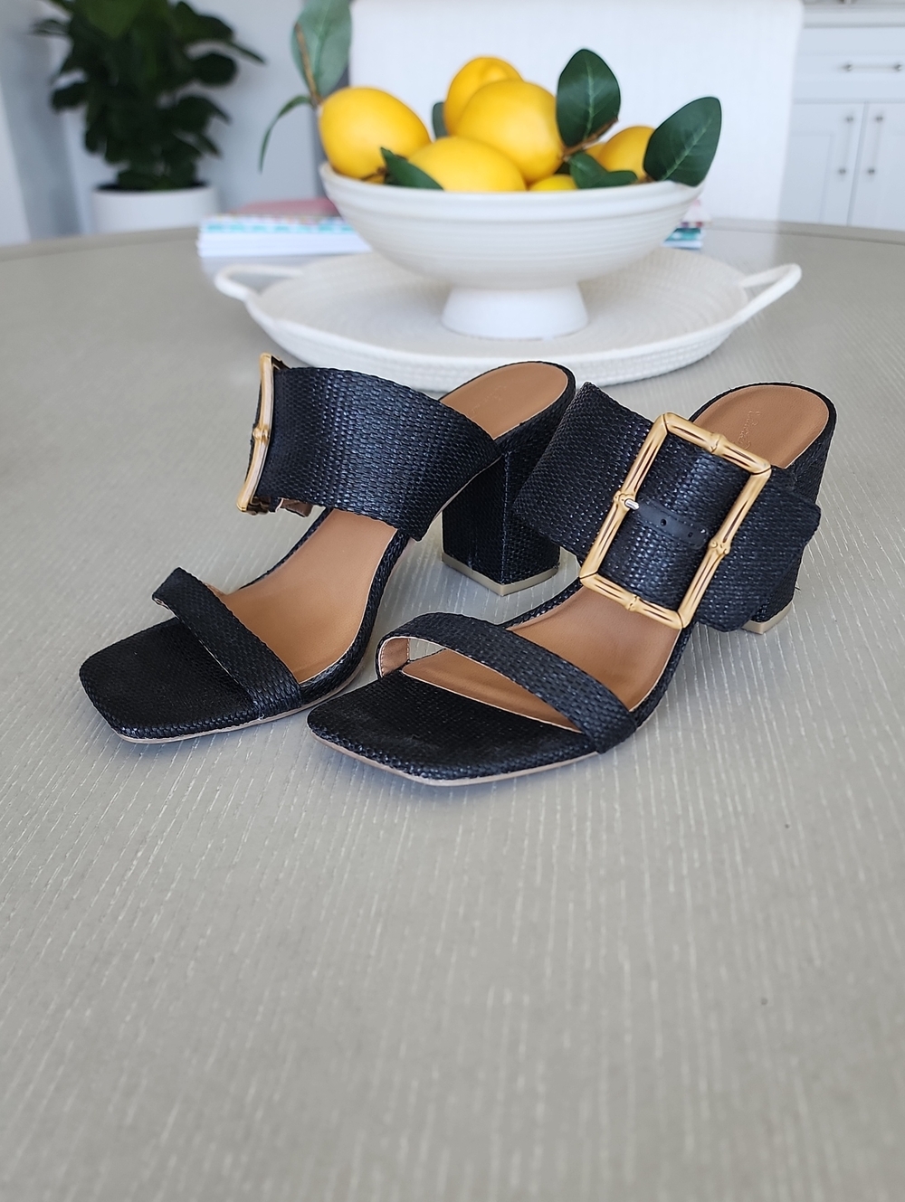 Universal Thread Black Woven Buckle Block Heels with Gold Buckles 9